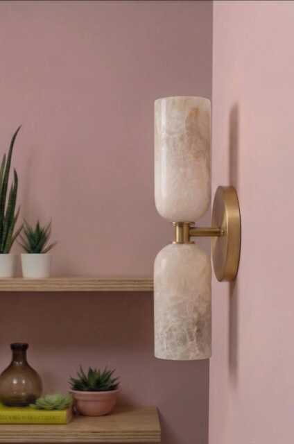 Handcrafted Brass Double Wall Sconce - Alabaster Bathroom Vanity Light Mid Century Modern Lamp - image 1
