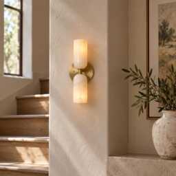 Handcrafted Brass Double Wall Sconce - Alabaster Bathroom Vanity Light Mid Century Modern Lamp - thumbnail 2