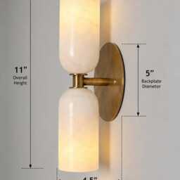 Handcrafted Brass Double Wall Sconce - Alabaster Bathroom Vanity Light Mid Century Modern Lamp - thumbnail 4