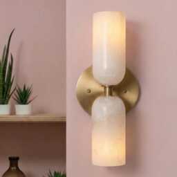 Handcrafted Brass Double Wall Sconce - Alabaster Bathroom Vanity Light Mid Century Modern Lamp - thumbnail 2