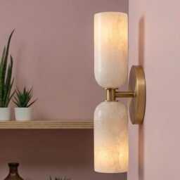 Handcrafted Brass Double Wall Sconce - Alabaster Bathroom Vanity Light Mid Century Modern Lamp - thumbnail 4
