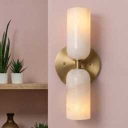 Handcrafted Brass Double Wall Sconce - Alabaster Bathroom Vanity Light Mid Century Modern Lamp - thumbnail 3