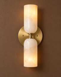 Handcrafted Brass Double Wall Sconce - Alabaster Bathroom Vanity Light Mid Century Modern Lamp