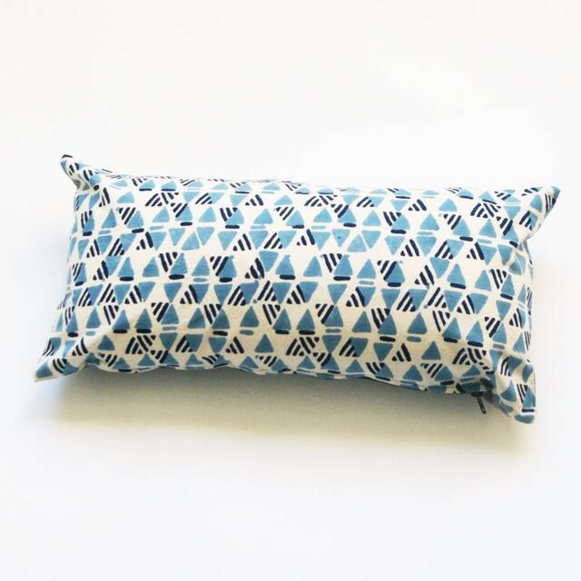 Blue Triangle Pattern Lumbar Pillow Sham-Hand Block Printed - 12x24 Cotton Throw Cover - image 1