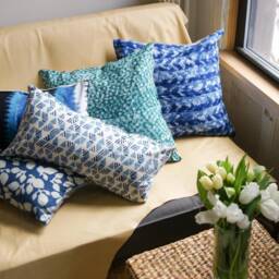 Blue Triangle Pattern Lumbar Pillow Sham-Hand Block Printed - 12x24 Cotton Throw Cover - thumbnail 4