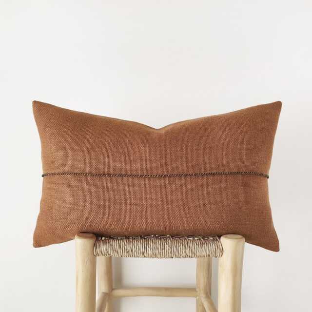 Rust Brown Lumbar Pillow Cover With Hand-stitched Detail - Decorative Cushion in Heavyweight Textured Linen - image 1