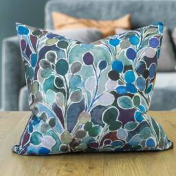 Folio Natural Leaf Print Cushion in Navy Blue. Watercolour Indigo & Teal Blue Leaves. 17x17