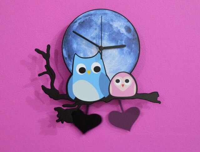 Owl With Baby Blue Moon Cartoon - Wall Clock Pendulum Clock Unique Decor Gift Idea - image 1