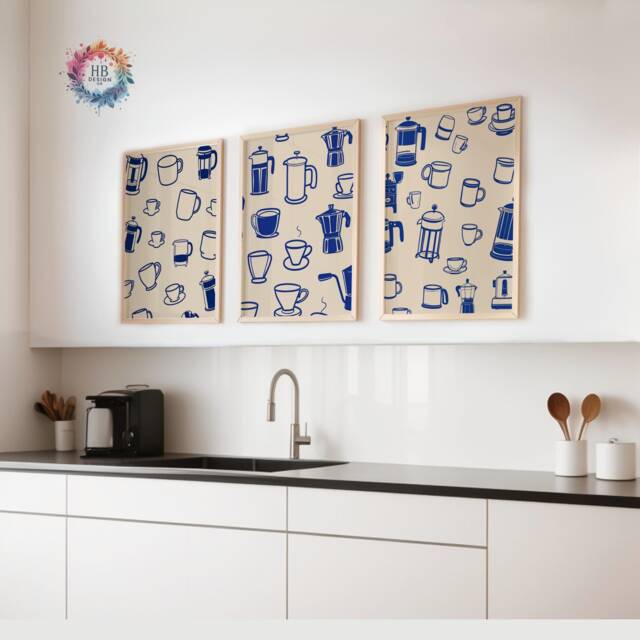Coffee Shop Prints - Set Of 3 - Navy Kitchen Wall Retro Decor Gallery Art Lover Gifts Trendy Artwork - image 1