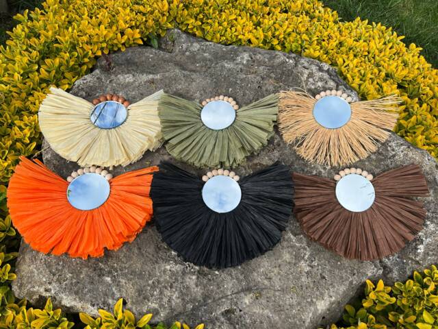 Raffia Sunburst Mirror With Wooden Beads, Coastal Wall Art - image 1