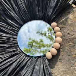 Raffia Sunburst Mirror With Wooden Beads, Coastal Wall Art - thumbnail 3