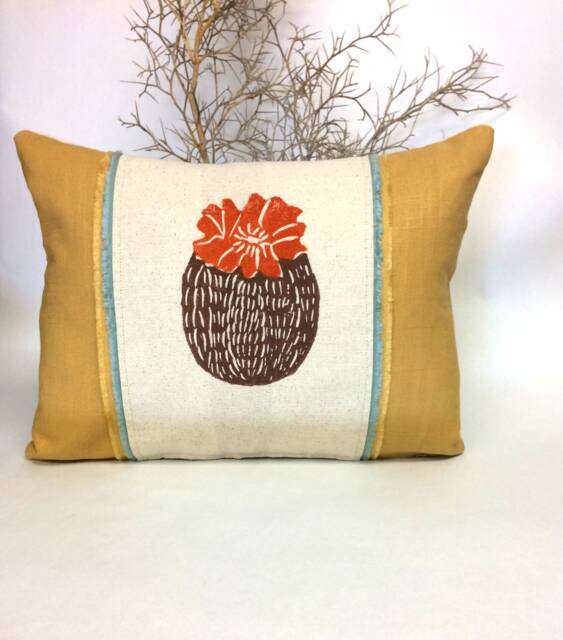 Hand Printed Cactus Pillow Mustard Yellow Linen With Fringe Trim - image 1