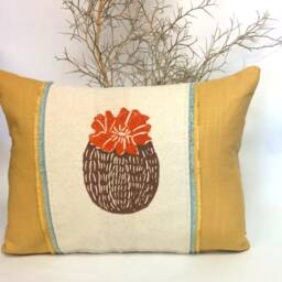 Hand Printed Cactus Pillow Mustard Yellow Linen With Fringe Trim - thumbnail 3