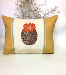 Hand Printed Cactus Pillow Mustard Yellow Linen With Fringe Trim - thumbnail 1