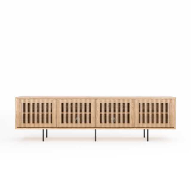 Long Oak Tv Stand, Mid Century Modern Media Console With Slatted Doors - image 1