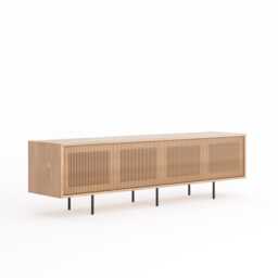 Long Oak Tv Stand, Mid Century Modern Media Console With Slatted Doors - thumbnail 2