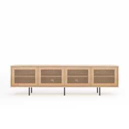 Long Oak Tv Stand, Mid Century Modern Media Console With Slatted Doors