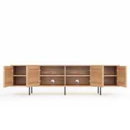 Long Oak Tv Stand, Mid Century Modern Media Console With Slatted Doors - thumbnail 3