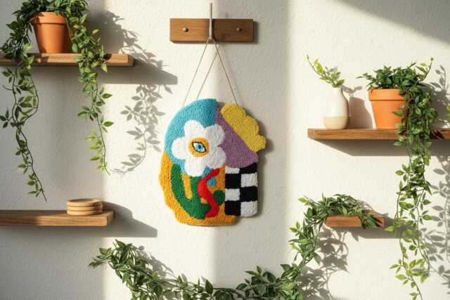 Handmade Punch Needle Wall Hanging Abstract Floral Decor - image 1