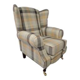 Queen Anne Wingback Chair Tartan Fabric, Gold Cushion, Brass Castor Legs - thumbnail 2
