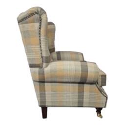 Queen Anne Wingback Chair Tartan Fabric, Gold Cushion, Brass Castor Legs - thumbnail 3