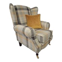 Queen Anne Wingback Chair Tartan Fabric, Gold Cushion, Brass Castor Legs