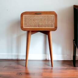 Teak Mid Century Rattan Nightstand, Handcraft in India