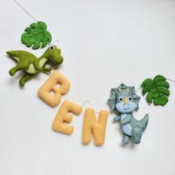 Personalized Dinosaur Felt Name Banner, Dino Nursery Decoration, Baby Garland, Kids Wall Hanging - thumbnail 2
