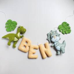 Personalized Dinosaur Felt Name Banner, Dino Nursery Decoration, Baby Garland, Kids Wall Hanging - thumbnail 1