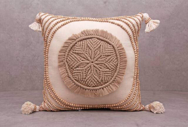 Off-White Gold Cotton Macrame Bohemian, Bali Style Pillow Cover, Decorative Handmade Throw Cover, Embroidered Cover Wlcc047 - image 1