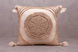 Off White Gold Macrame Pillow Cover, Handmade Cotton Cushion With Beads & Tassel Trim