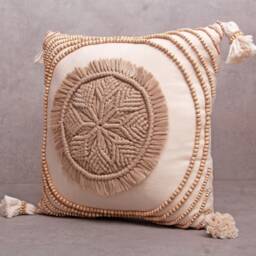 Off-White Gold Cotton Macrame Bohemian, Bali Style Pillow Cover, Decorative Handmade Throw Cover, Embroidered Cover Wlcc047 - thumbnail 3