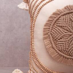Off-White Gold Cotton Macrame Bohemian, Bali Style Pillow Cover, Decorative Handmade Throw Cover, Embroidered Cover Wlcc047 - thumbnail 2