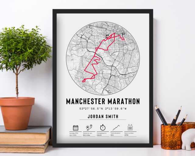 Personalised Manchester Marathon 2025 Finisher Route Map Print & Frame Gift Runner Run Completing Present Celebration Poster Course Medal - image 1