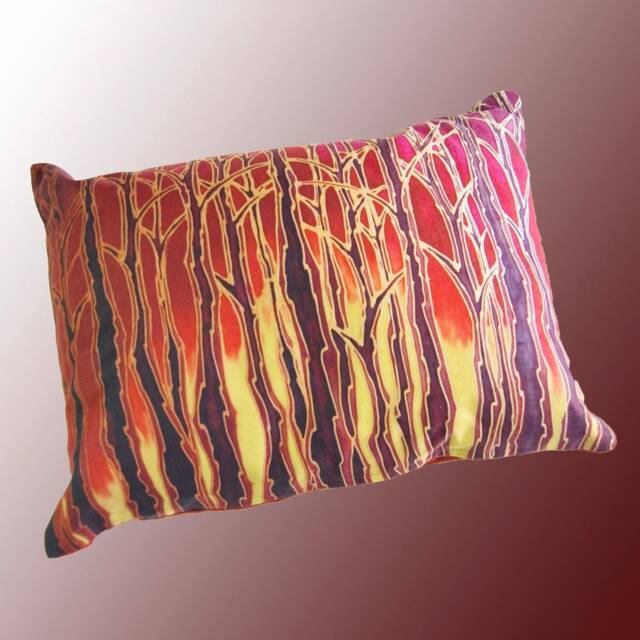 Tall Trees Red Sunset Sofa Cushion - Dramatic Throw Pillow Red, Brown, Golden Yellow Forest Settee - image 1