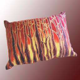 Tall Trees Red Sunset Sofa Cushion - Dramatic Throw Pillow Red, Brown, Golden Yellow Forest Settee - thumbnail 1