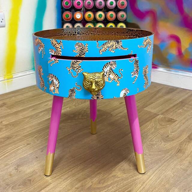 Blue Tiger Side Table For Bedroom, Pink Safari Nursery Decor Girl, Animal Print Tray Top End Tables With Drawer, Teenage Girl Room - image 1