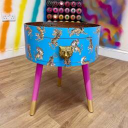 Blue Tiger Side Table For Bedroom, Pink Safari Nursery Decor Girl, Animal Print Tray Top End Tables With Drawer, Teenage Girl Room - thumbnail 2