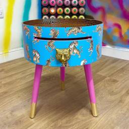 Blue Tiger Side Table For Bedroom, Pink Safari Nursery Decor Girl, Animal Print Tray Top End Tables With Drawer, Teenage Girl Room - thumbnail 1