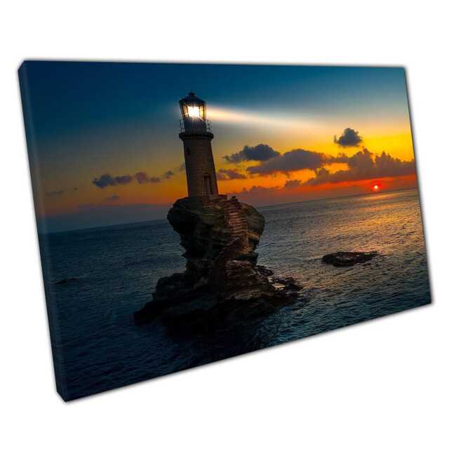 Lighthouse Tourlitis Canvas Wall Art Print Chora Andros Island Greece Seascape Home Office Decor - image 1
