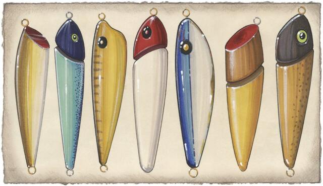Antique Fishing Lure Art Print 5.5 X 10+ - Fish Prints Lakehouse Beach House Lures Antiques Sport - image 1