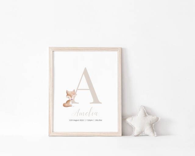 Gender Neutral Baby Woodland Fox Print, Personalised Name, Nursery Prints, New Baby, Boys Bedroom, Wall Art, Kids Gift - image 1