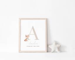 Gender Neutral Baby Woodland Fox Print, Personalised Name, Nursery Prints, New Baby, Boys Bedroom, Wall Art, Kids Gift - thumbnail 1