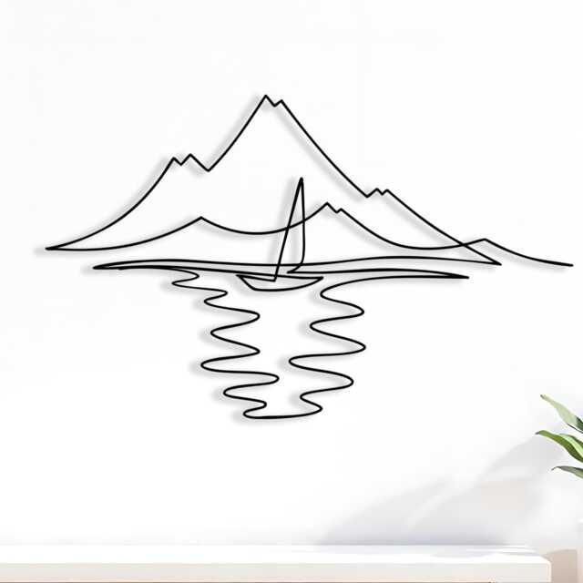 Minimalist Sailboat Metal Wall Art, Nautical Mountain Lake Decor - image 1
