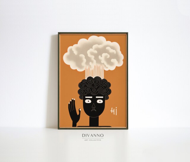 steaming Head Man Art Print, Retro Orange Dorm Decor - Digital Painting - image 1