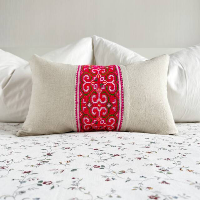 Handmade Hmong Pink Embroidery Pillow Cover Organic Hemp Cushion - 12x20 Inches - image 1