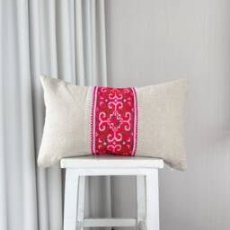 Handmade Hmong Pink Embroidery Pillow Cover Organic Hemp Cushion - 12x20 Inches - thumbnail 2