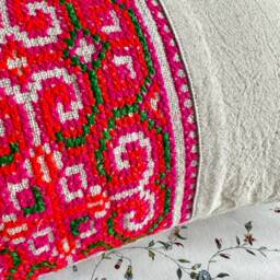 Handmade Hmong Pink Embroidery Pillow Cover Organic Hemp Cushion - 12x20 Inches - thumbnail 4