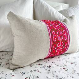 Handmade Hmong Pink Embroidery Pillow Cover Organic Hemp Cushion - 12x20 Inches - thumbnail 3