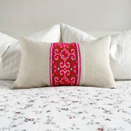 Handmade Hmong Pink Embroidery Pillow Cover Organic Hemp Cushion - 12x20 Inches - thumbnail 1